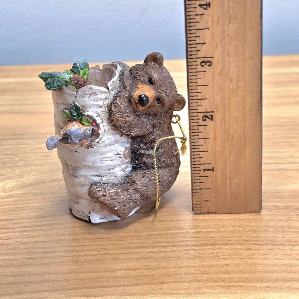 Cute Bear‎ Climbing Tree Stump Ornament Bird Holly Berries Christmas Decor